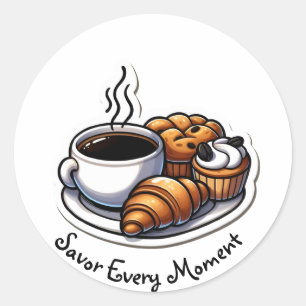 Warmth & Delights: A Coffee and Pastries Embrace Classic Round Sticker