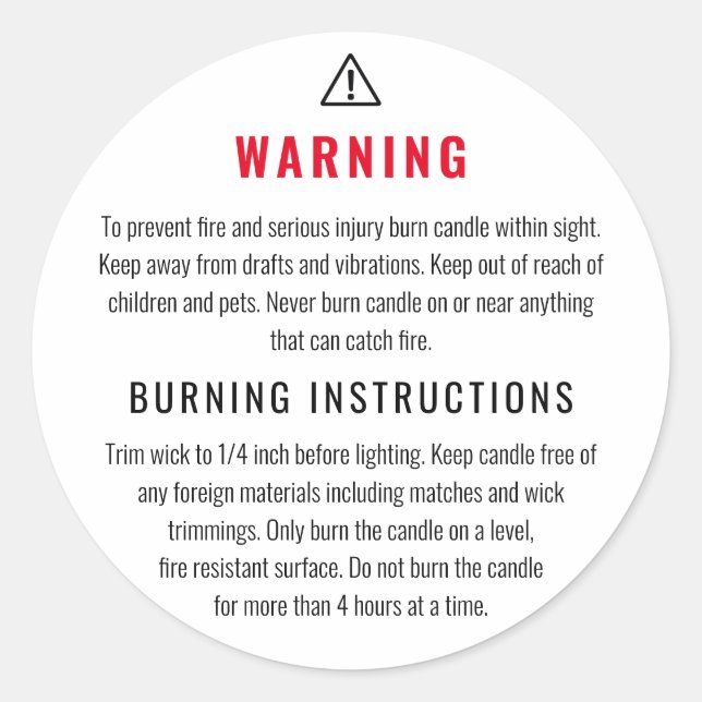 Warning Burning Instructions Candle Product Label (Front)