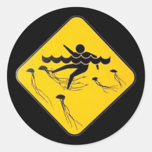 Warning Jellyfish in Water-Street sign Classic Round Sticker