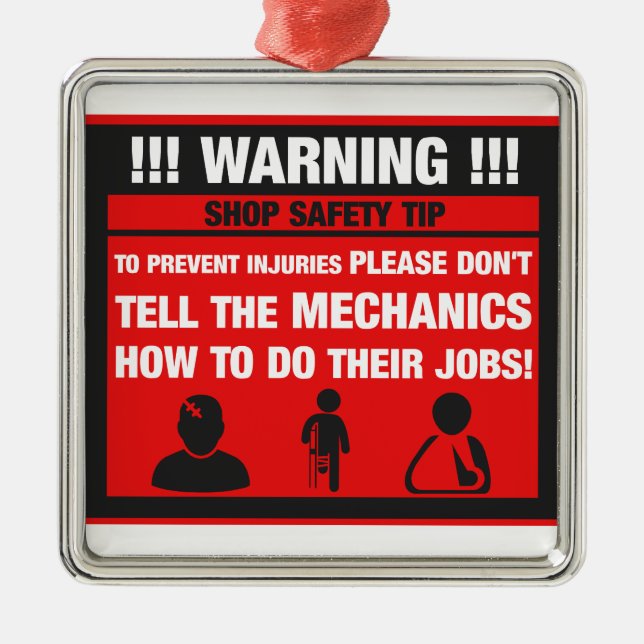 Warning - Mechanic Shop Safety Tips Metal Tree Decoration (Front)