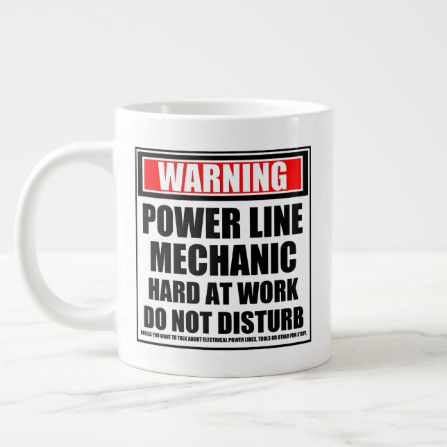 Warning Power Line Mechanic Hard At Work Large Coffee Mug (Left)