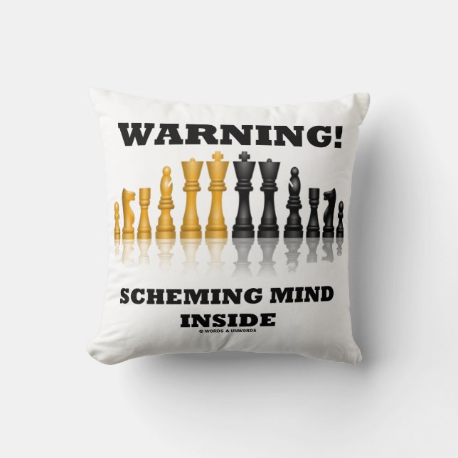 Warning! Scheming Mind Inside Chess Humour Cushion (Front)