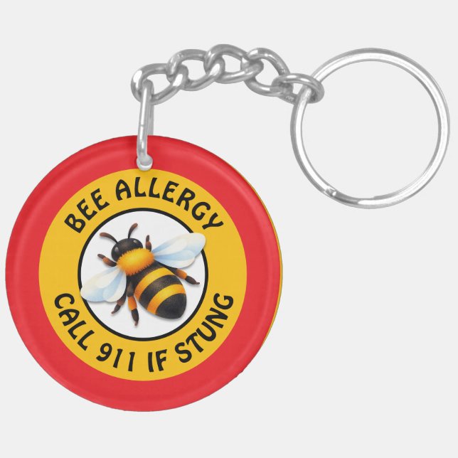 Warning Severe BEE Allergy Alert Button Key Ring (Back Left)