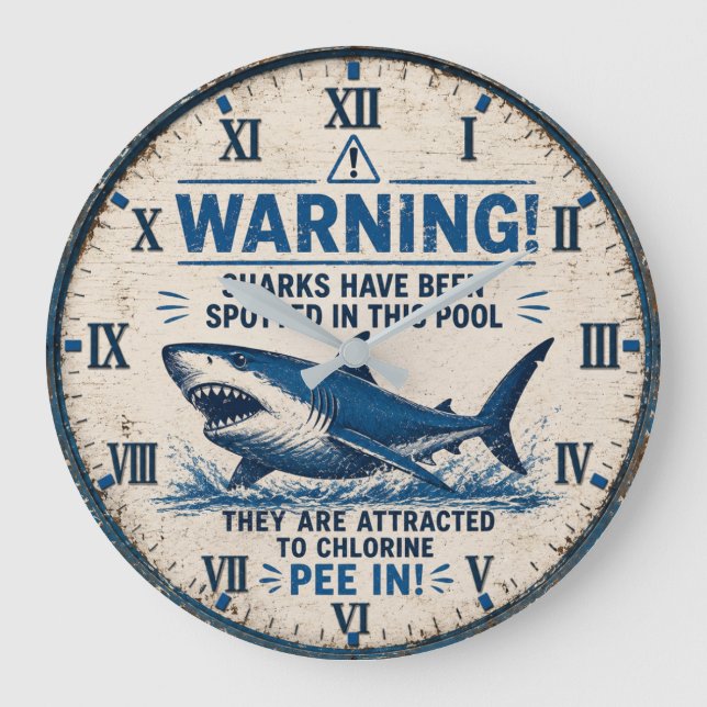 Warning! Sharks Have Been Spotted in This Pool  Large Clock (Front)