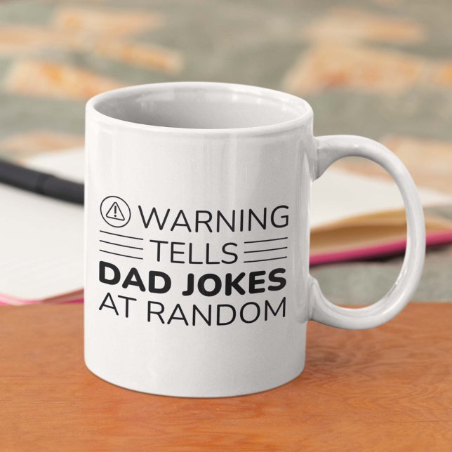 Warning Tells Dad Jokes At Random Coffee Mug (dad jokes mug on table)
