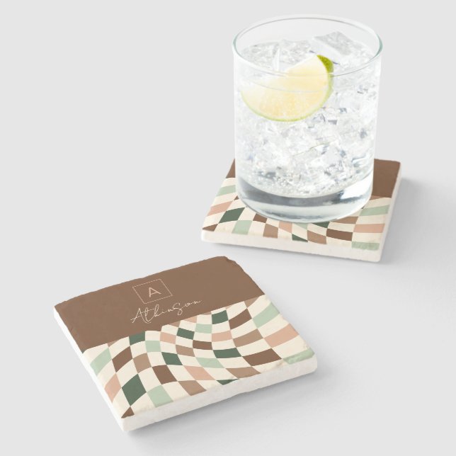 Warped Chequerboard Elegant Monogram Stone Coaster (Side)