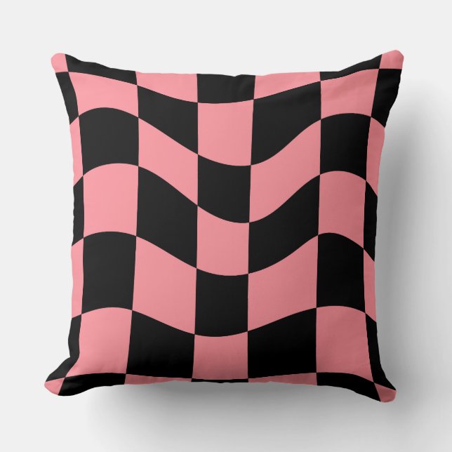 Warped Chequerboard Throw Pillow-Trippy Pink Retro Cushion (Front)