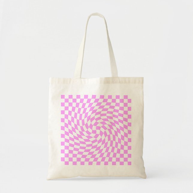  Warped Chequered Pattern Pink and White Fashion Tote Bag (Front)
