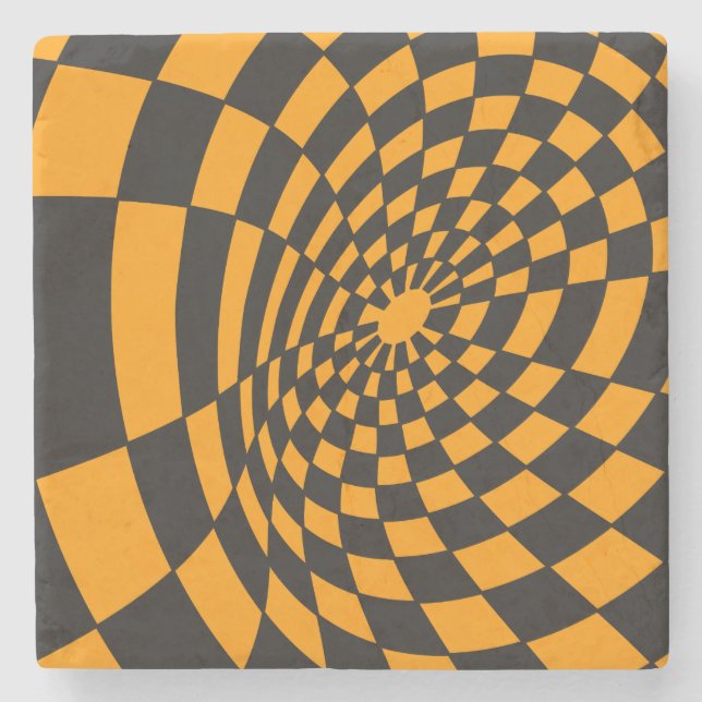 Warped Yellow and Black Chequerboard Stone Coaster (Front)