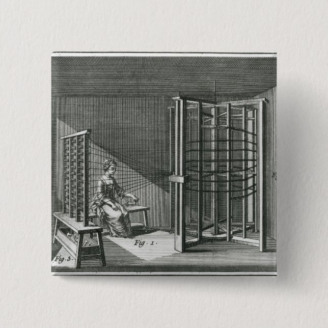 Warping silk threads, illustration Encylopedia 15 Cm Square Badge (Front)