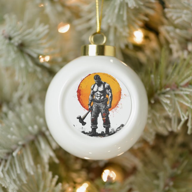 warrior barbarian mediaeval fantasy hummer strengt ceramic ball christmas ornament (Tree)