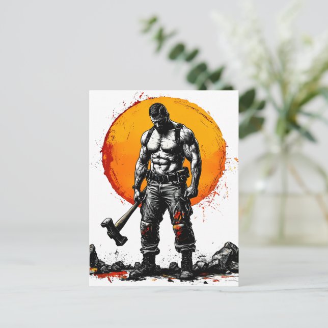 warrior barbarian mediaeval fantasy hummer strengt invitation postcard (Standing Front)