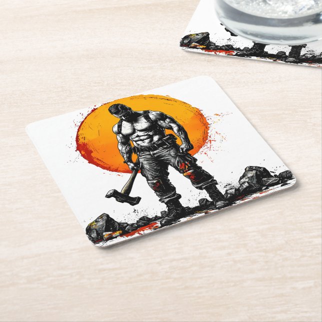 warrior barbarian mediaeval fantasy hummer strengt square paper coaster (Angled)