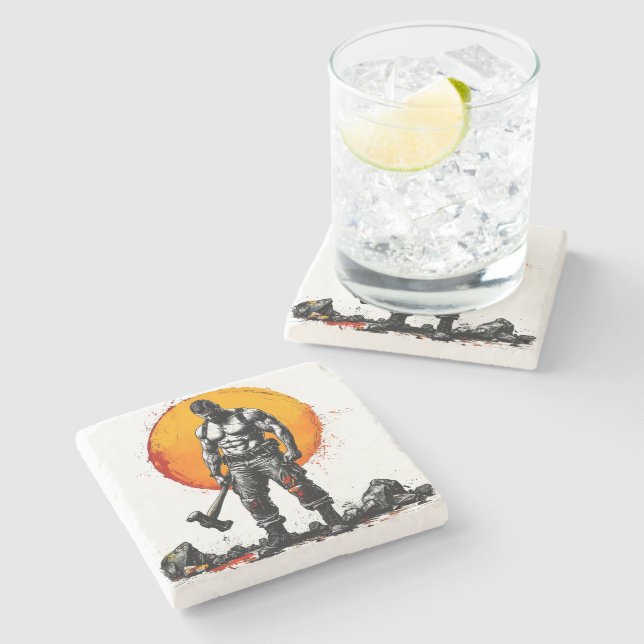 warrior barbarian mediaeval fantasy hummer strengt stone coaster (Side)