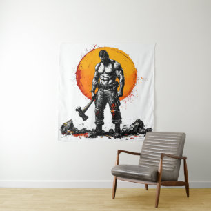 warrior barbarian mediaeval fantasy hummer strengt tapestry