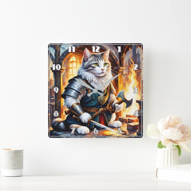 Warrior Cat in Armour by Flickering Flame Square Wall Clock (Home)