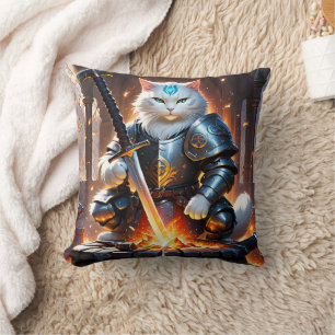 Warrior Cat in Armour Forging a Sword at Dawn Cushion