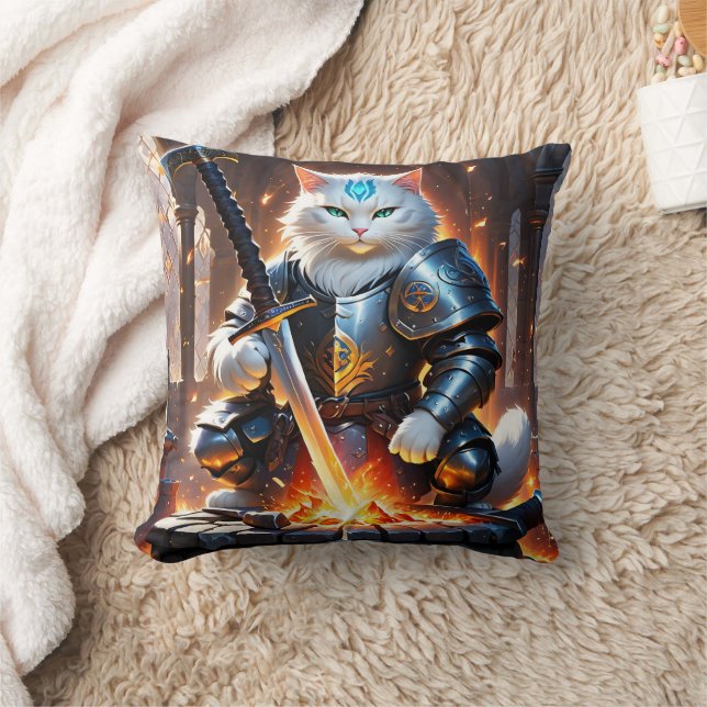 Warrior Cat in Armour Forging a Sword at Dawn Cushion (Blanket)