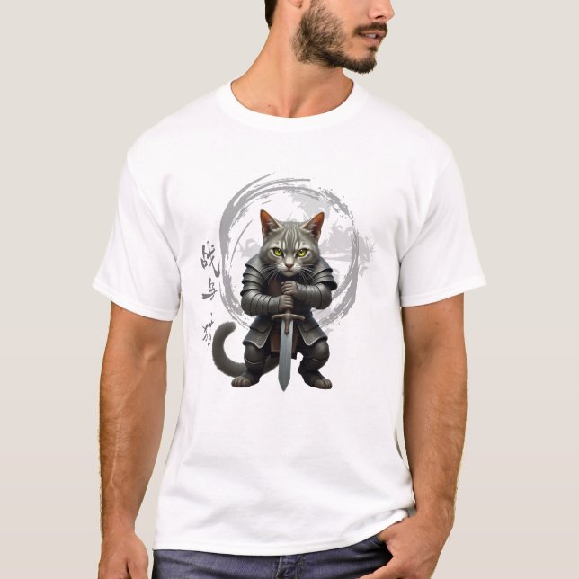 Warrior Cat wearing an armour,holding a sword  T-Shirt (Front)