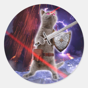 Warrior cat with lasers from eye classic round sticker