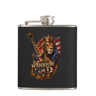 Warrior Dad Lion American Flag Guitar  Hip Flask
