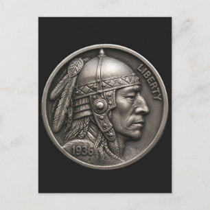 Warrior. Hobo Nickel 1936 Buffalo Nickel Coin Postcard