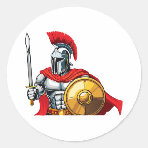 warrior holding sword and shield ready for battle classic round sticker