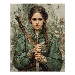 Warrior Maiden with Sword – Mediaeval Fantasy Post Poster