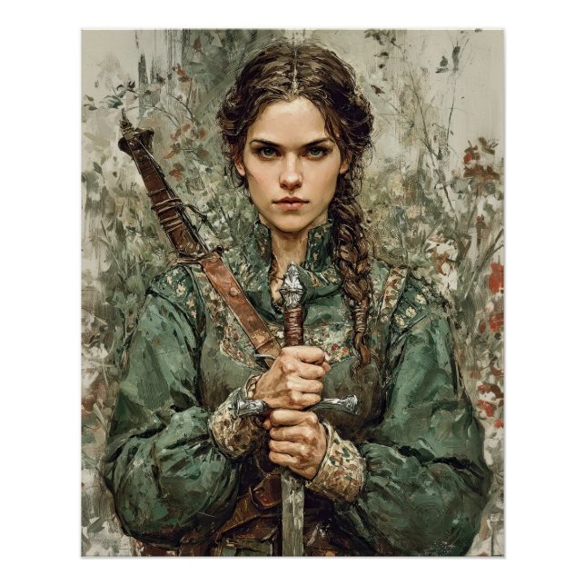 Warrior Maiden with Sword – Mediaeval Fantasy Post Poster (Front)