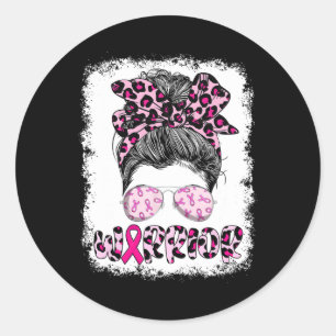 Warrior Messy Bun Leopard Breast Cancer Awareness Classic Round Sticker