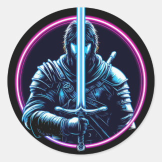 warrior neon sword fighter vin classic round sticker