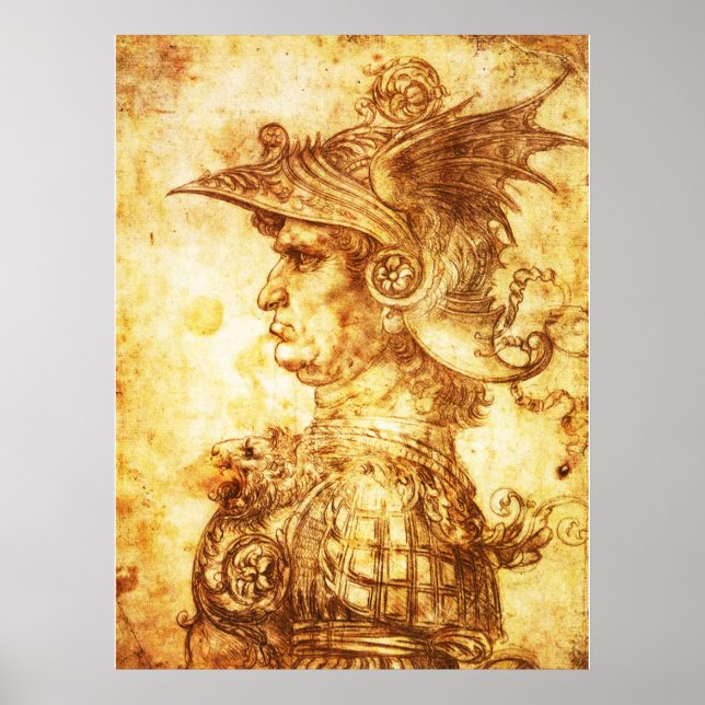 WARRIOR PROFILE IN DRAGON HELMET Sepia Drawing Poster (Front)