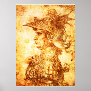 WARRIOR PROFILE IN DRAGON HELMET Sepia Drawing Poster