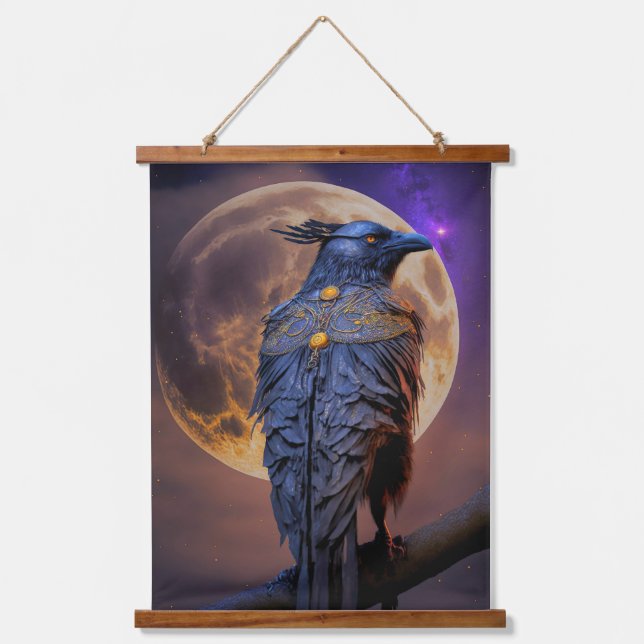 Warrior Raven Crow Hunting by Moonlight Hanging Tapestry (Front)