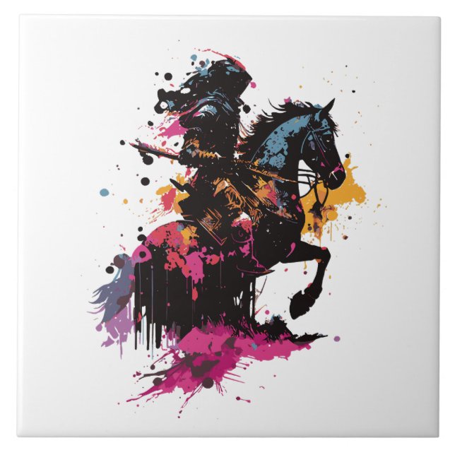 Warrior riding horse in watercolor     ceramic tile (Front)