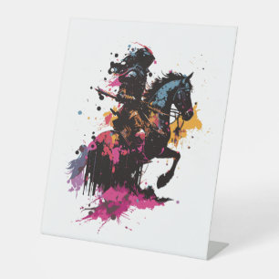 Warrior riding horse in watercolor pedestal sign