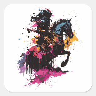 Warrior riding horse in watercolor square sticker
