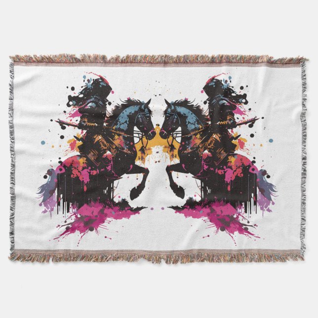 Warrior riding horse in watercolor      throw blanket (Front)