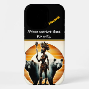 Warrior stands with bears in vibrant land iPhone 16 pro max case