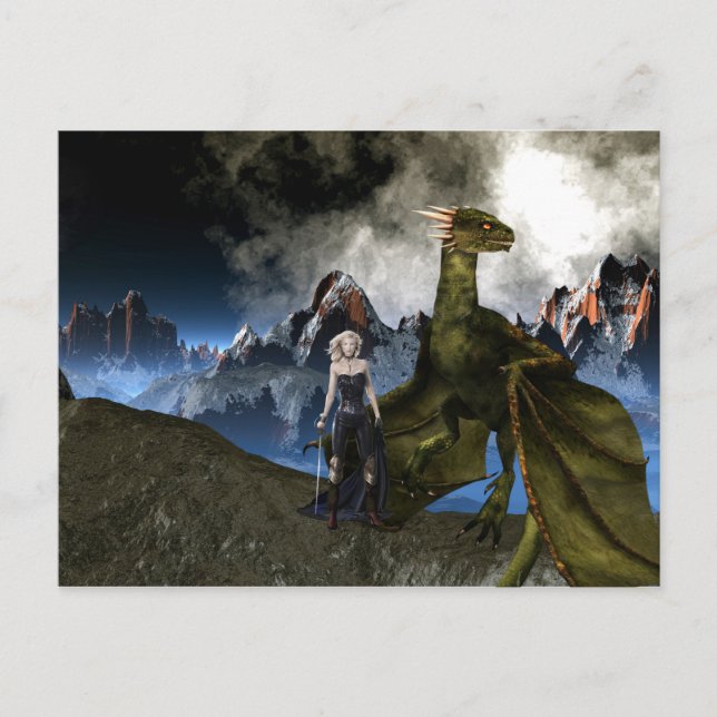 Warrior Woman with Dragon Mountain Landscape Postcard (Front)