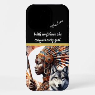 Warrior woman with spirit wolf at dusk iPhone 16 pro max case