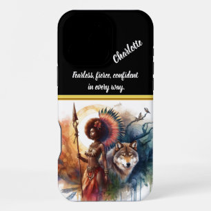 Warrior woman with wolf at dawn iPhone 16 pro max case
