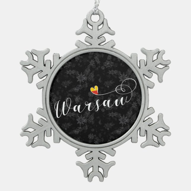 Warsaw Flag Heart, Warszawa, Poland Snowflake Pewter Christmas Ornament (Front)