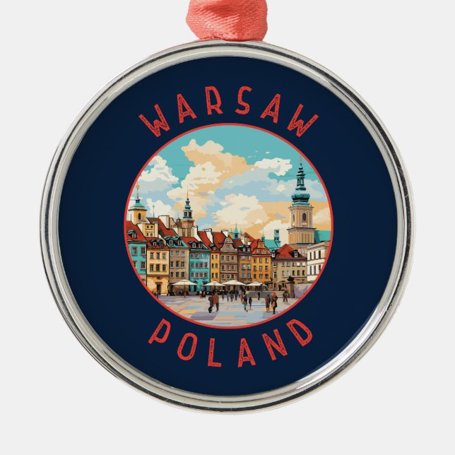 Warsaw Poland Retro Distressed Circle Metal Ornament (Front)