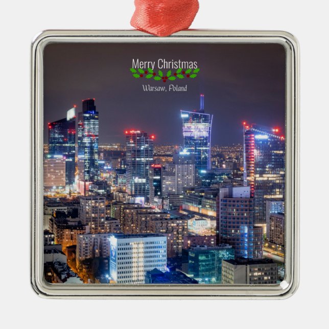 Warsaw, Poland skyline, Merry Christmas, Metal Ornament (Front)