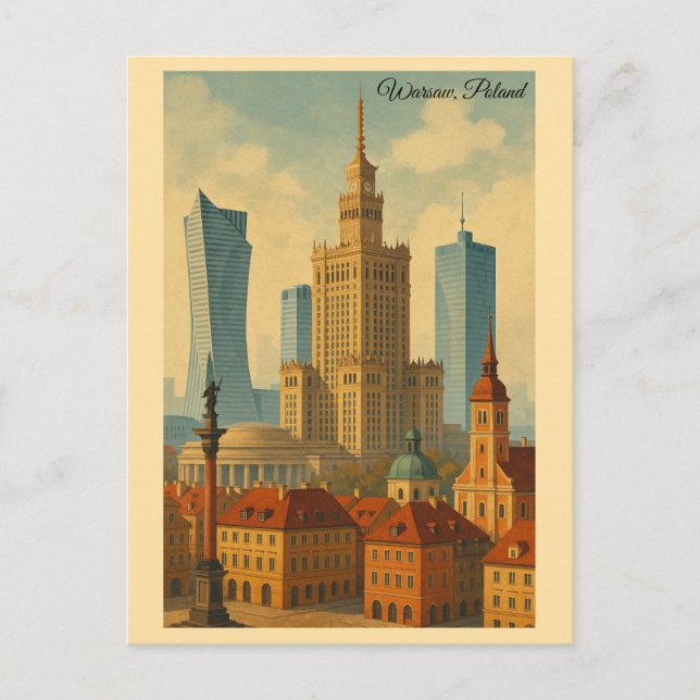Warsaw Poland Vintage Travel Art Postcard (Front)