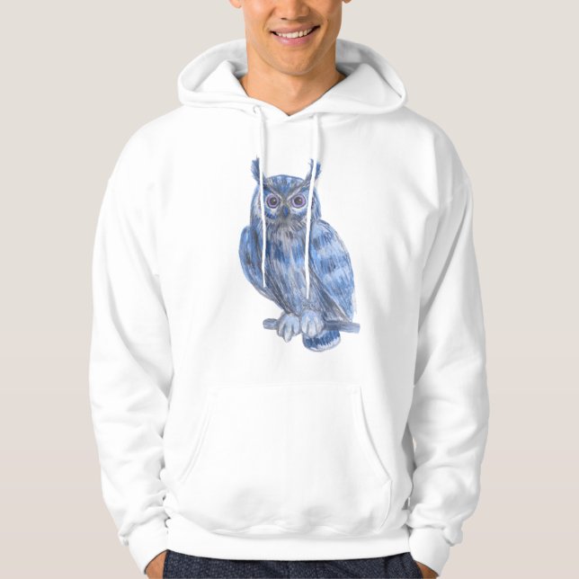 Warter Colour Painting Bold Blue Owl Hoodie (Front)