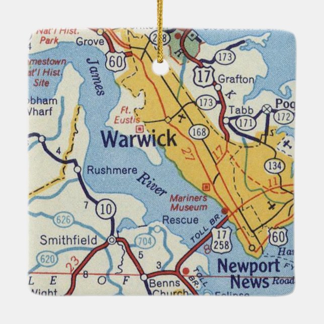 Warwick VA Vintage Map Ceramic Ornament (Back)
