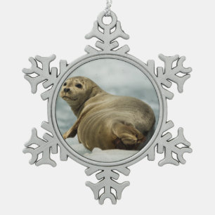 Wary Seal Snowflake Pewter Christmas Ornament