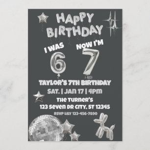 Was 6 Now 7, Silver Balloon 7th Birthday Invitation